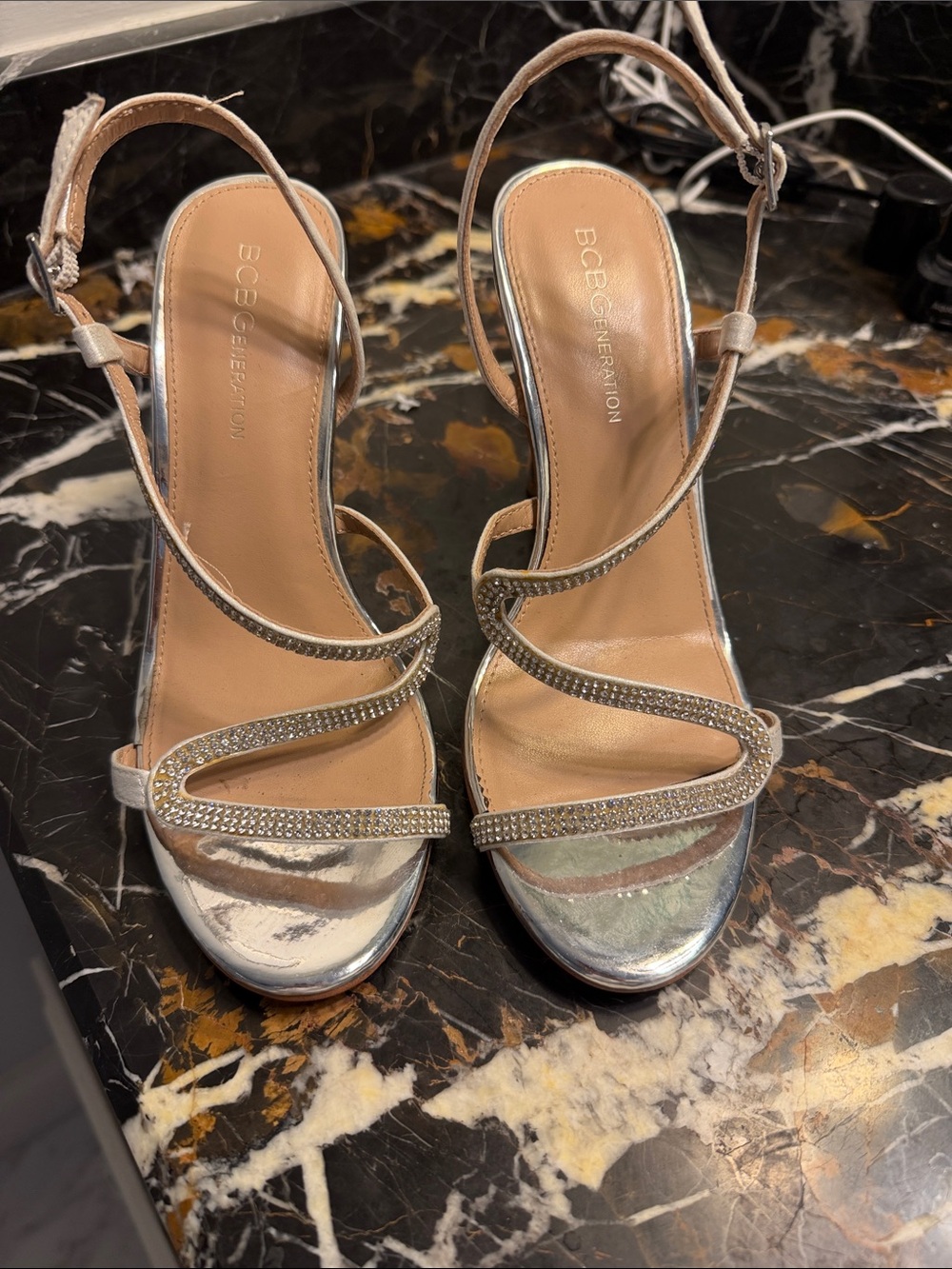 BCBGeneration Silver Metallic Strappy Rhinestone Heels